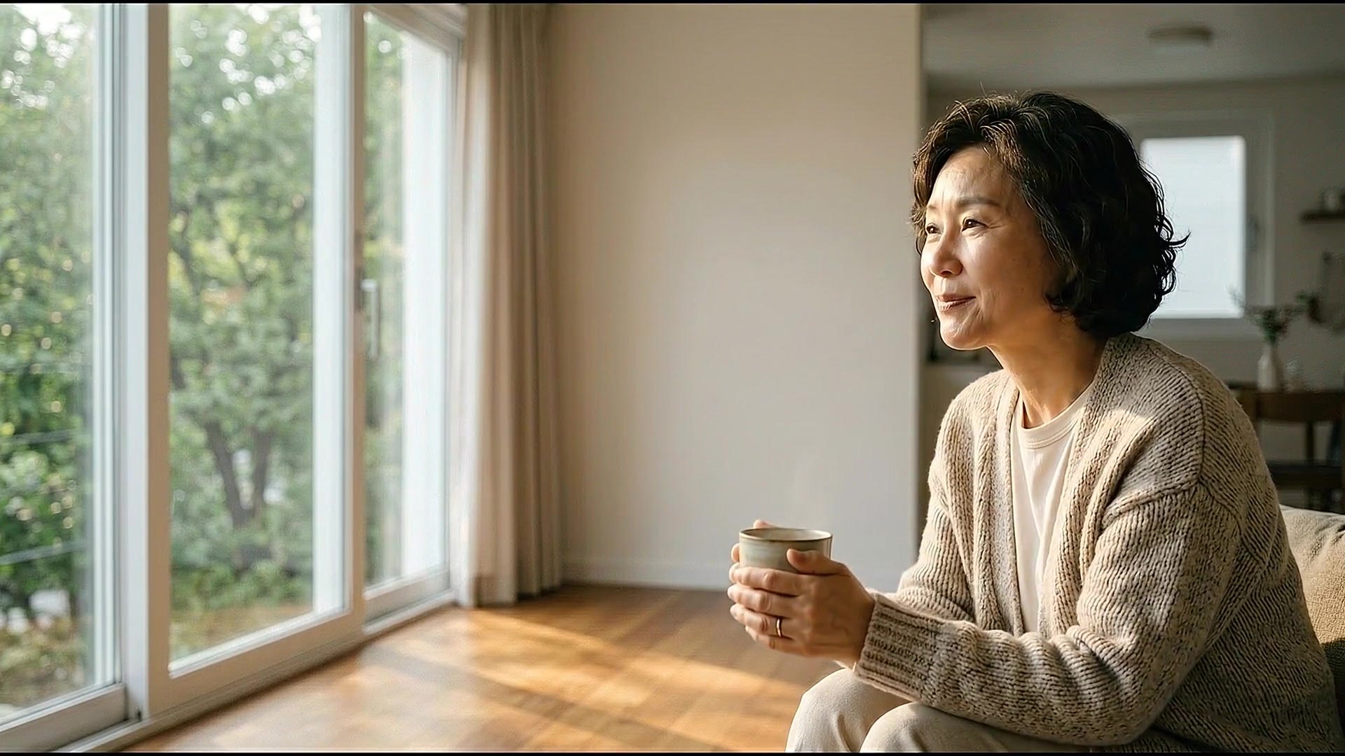 새 샷시를 단 거실에서 차를 들고 웃는 고객